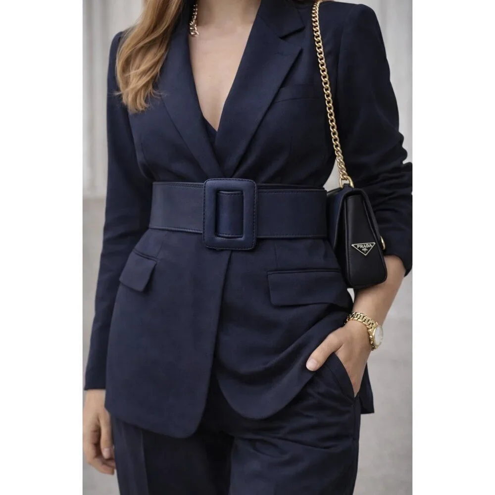 ZAPA Wide Navy Blue Leather Belt Size S Square Buckle 100% Calfskin France